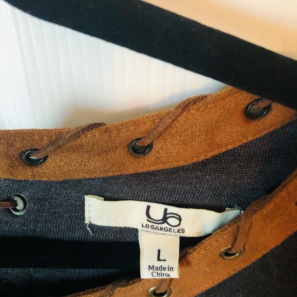 Ya Los Angeles Size Large Gray and Brown Suede Trim Straight Pull Over Dress - Picture 7 of 8